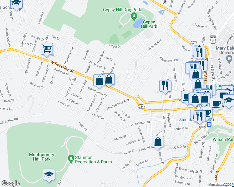 map of restaurants, bars, coffee shops, grocery stores, and more near 1048 West Beverley Street in Staunton