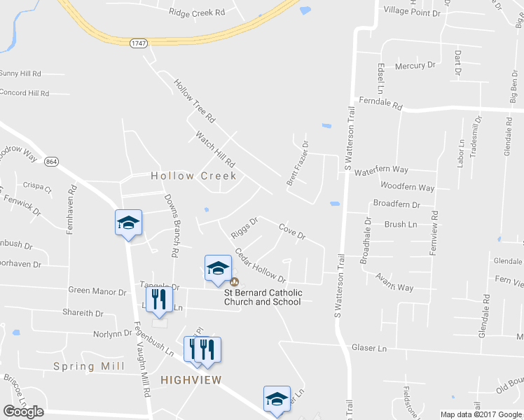 map of restaurants, bars, coffee shops, grocery stores, and more near 7501 Cove Drive in Louisville