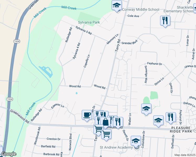 map of restaurants, bars, coffee shops, grocery stores, and more near 6915 Memory Lane in Louisville