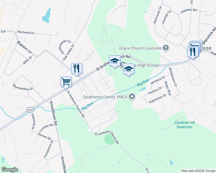 map of restaurants, bars, coffee shops, grocery stores, and more near 3015 Treeview Court in Louisville