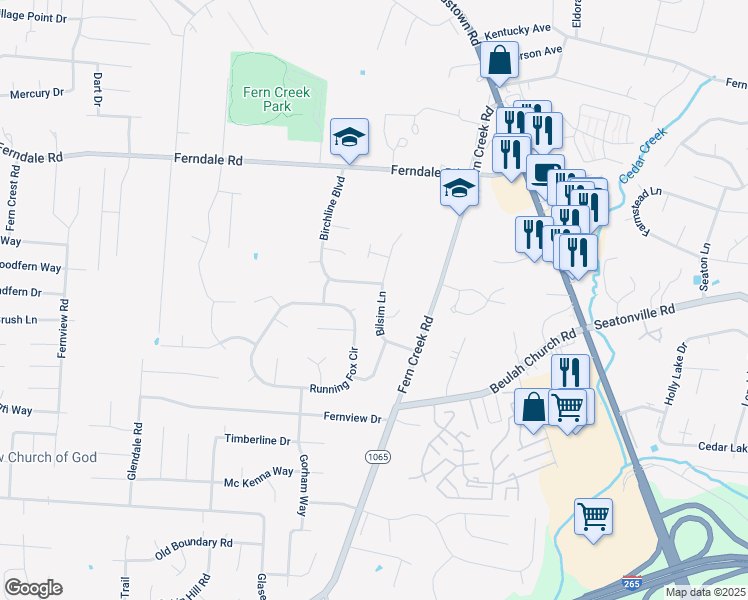 map of restaurants, bars, coffee shops, grocery stores, and more near 6513 Bilsim Lane in Louisville