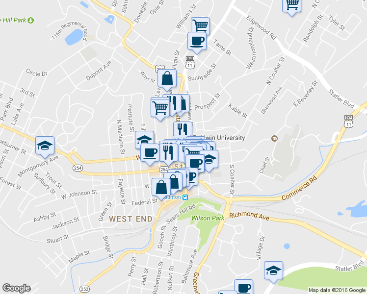 map of restaurants, bars, coffee shops, grocery stores, and more near 111 North Augusta Street in Staunton