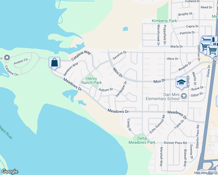 map of restaurants, bars, coffee shops, grocery stores, and more near 308 Auburn Drive in Vallejo