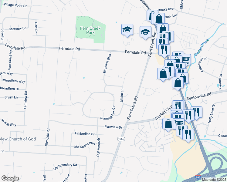 map of restaurants, bars, coffee shops, grocery stores, and more near 6702 Cub Court in Louisville