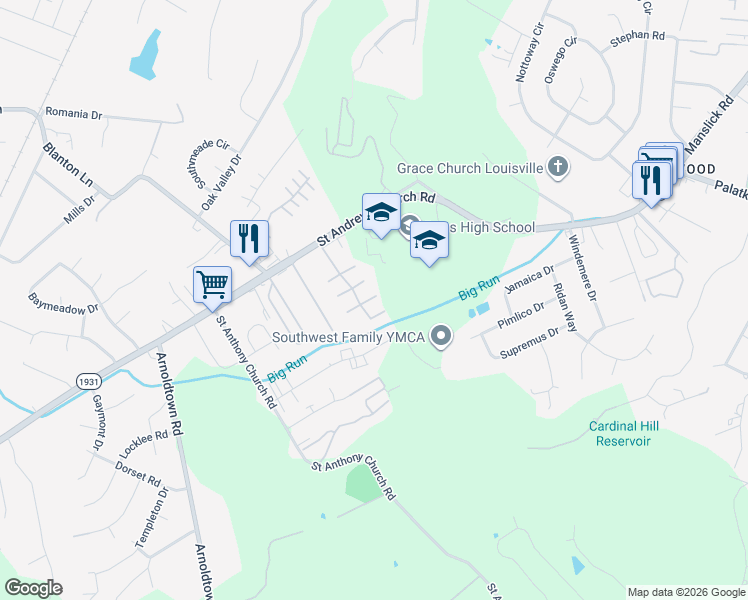 map of restaurants, bars, coffee shops, grocery stores, and more near 3000 Treeview Court in Louisville