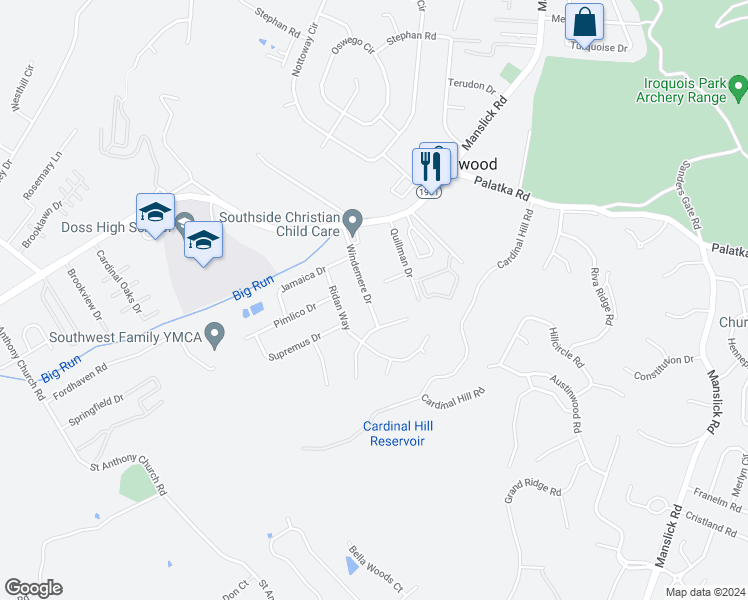 map of restaurants, bars, coffee shops, grocery stores, and more near 7319 Windemere Drive in Louisville
