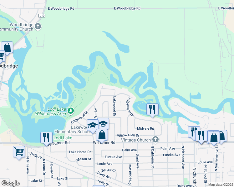 map of restaurants, bars, coffee shops, grocery stores, and more near 1660 Edgewood Drive in Lodi