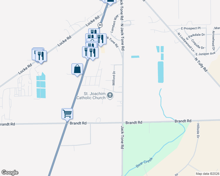 map of restaurants, bars, coffee shops, grocery stores, and more near 18385 Milford Drive in Lockeford