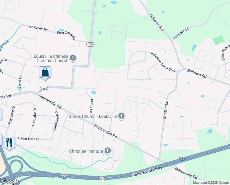 map of restaurants, bars, coffee shops, grocery stores, and more near 6506 El Rancho Road in Louisville