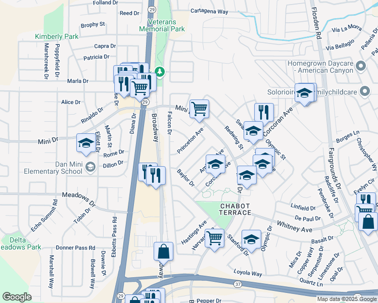 map of restaurants, bars, coffee shops, grocery stores, and more near 141 Dartmouth Avenue in Vallejo
