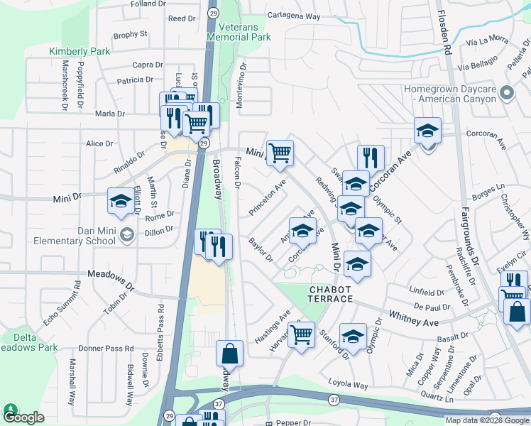 map of restaurants, bars, coffee shops, grocery stores, and more near 141 Dartmouth Avenue in Vallejo