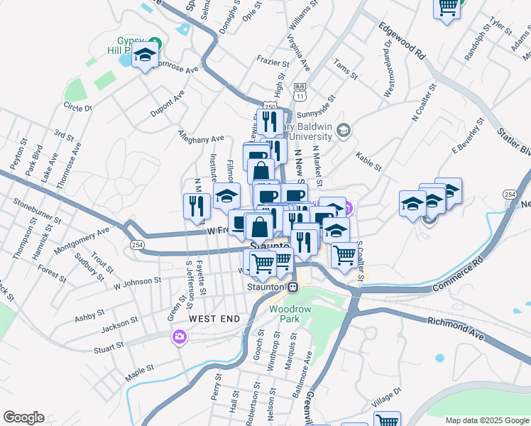 map of restaurants, bars, coffee shops, grocery stores, and more near 122 N Central Ave in Staunton