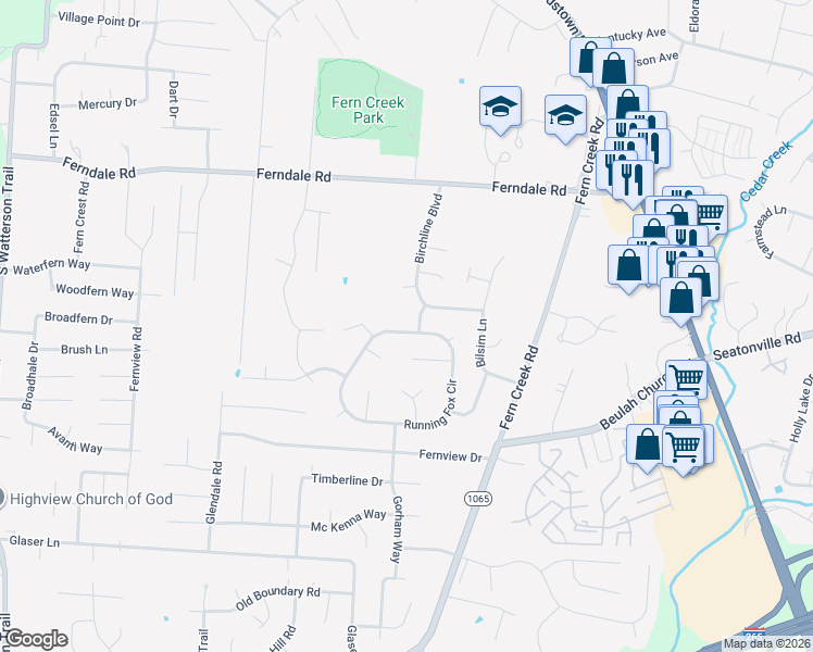 map of restaurants, bars, coffee shops, grocery stores, and more near 8627 Running Fox Circle in Louisville