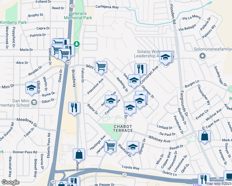 map of restaurants, bars, coffee shops, grocery stores, and more near 206 Amherst Avenue in Vallejo