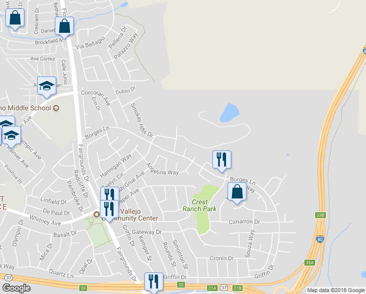 map of restaurants, bars, coffee shops, grocery stores, and more near 121 Agnes Court in Vallejo