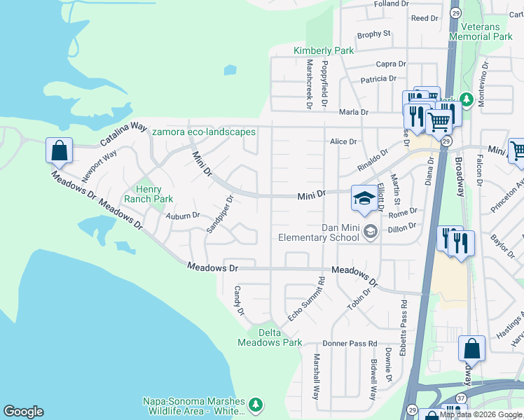 map of restaurants, bars, coffee shops, grocery stores, and more near 112 Diamond Springs Court in Vallejo