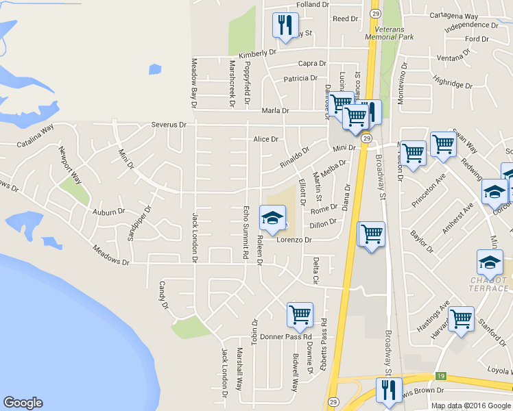 map of restaurants, bars, coffee shops, grocery stores, and more near 1161 Roleen Drive in Vallejo