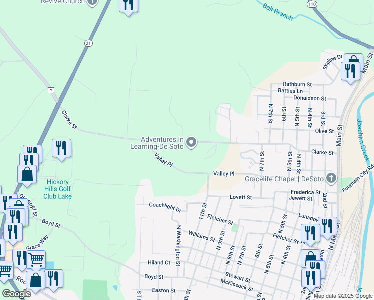 map of restaurants, bars, coffee shops, grocery stores, and more near 1111 Clarke Street in De Soto