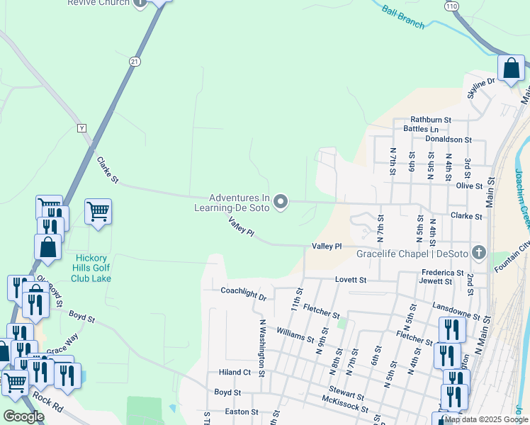 map of restaurants, bars, coffee shops, grocery stores, and more near 1111 Clarke Street in De Soto