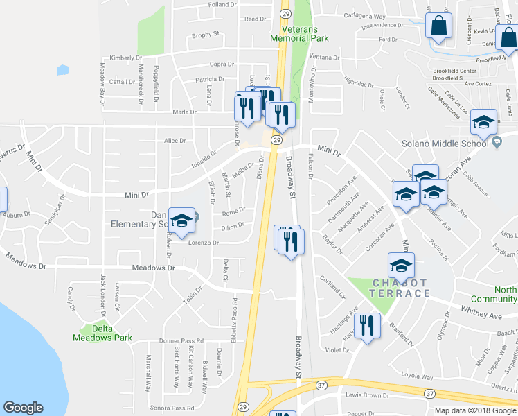 map of restaurants, bars, coffee shops, grocery stores, and more near 400 Diana Drive in Vallejo