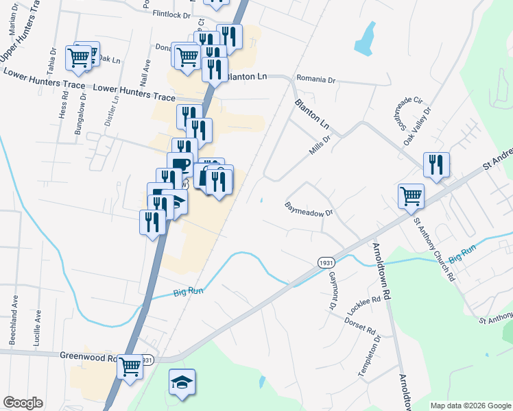 map of restaurants, bars, coffee shops, grocery stores, and more near 213 Alreva Road in Louisville