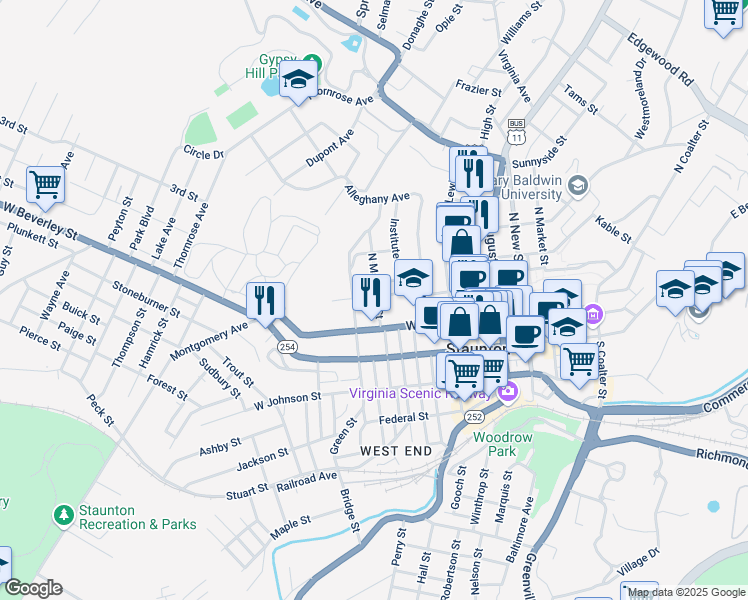 map of restaurants, bars, coffee shops, grocery stores, and more near 128 North Madison Street in Staunton