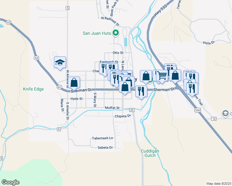 map of restaurants, bars, coffee shops, grocery stores, and more near 140 N Cora St in Ridgway
