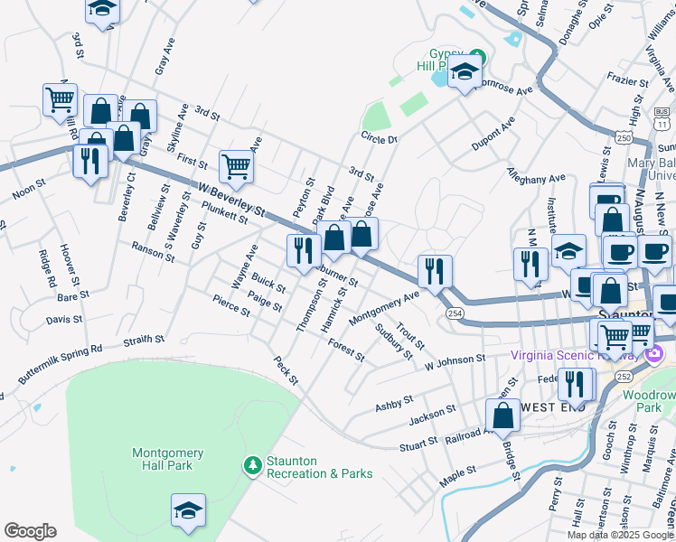 map of restaurants, bars, coffee shops, grocery stores, and more near 1213 Stoneburner Street in Staunton