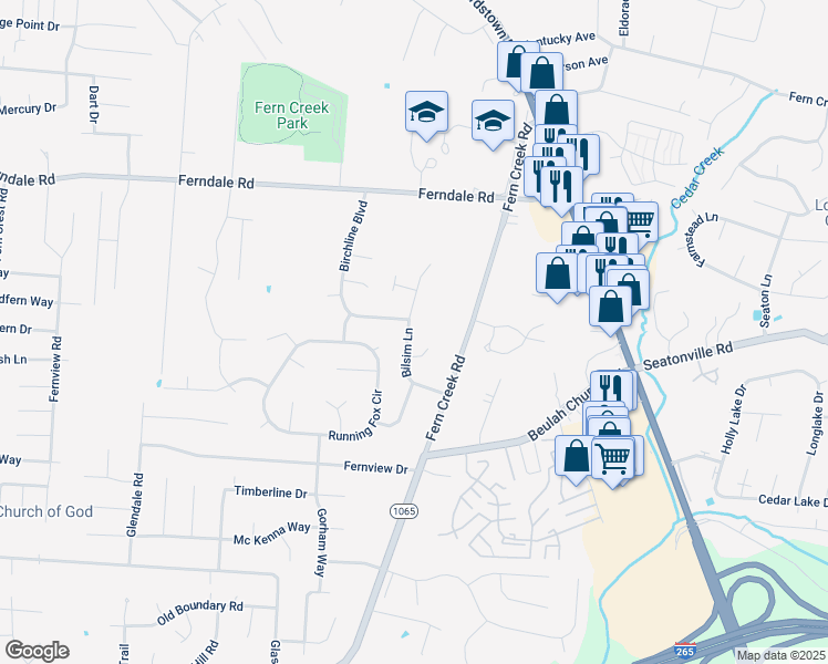 map of restaurants, bars, coffee shops, grocery stores, and more near 6513 Bilsim Lane in Louisville