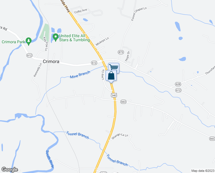 map of restaurants, bars, coffee shops, grocery stores, and more near 13 Loop Circle in Crimora