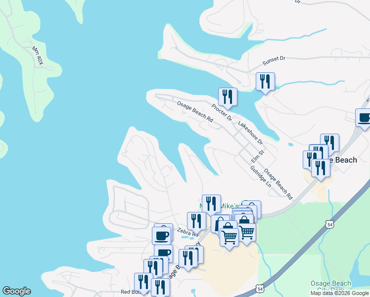 map of restaurants, bars, coffee shops, grocery stores, and more near 4584 Cove Rd in Osage Beach