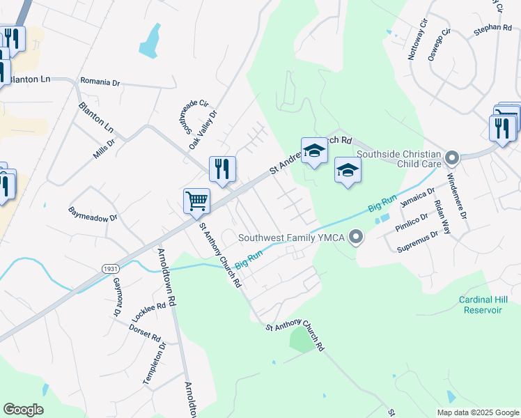 map of restaurants, bars, coffee shops, grocery stores, and more near 7745 Brookview Drive in Louisville