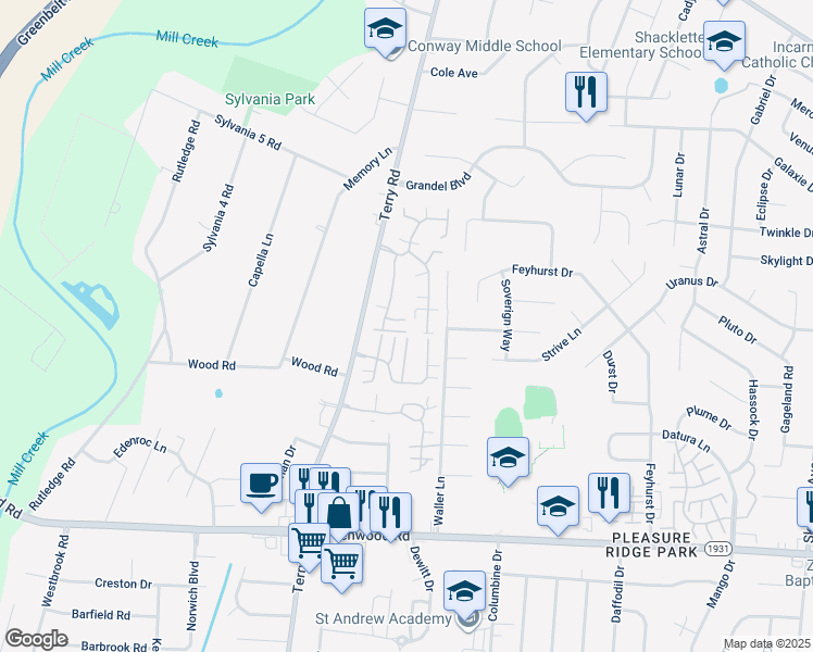 map of restaurants, bars, coffee shops, grocery stores, and more near 8621 Forest Way Drive in Louisville