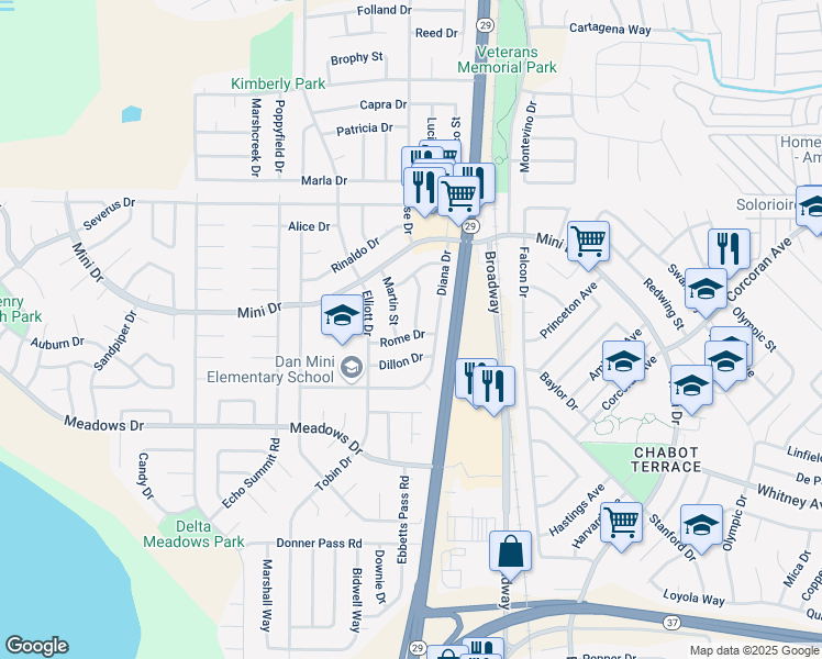map of restaurants, bars, coffee shops, grocery stores, and more near 216 Rome Drive in Vallejo