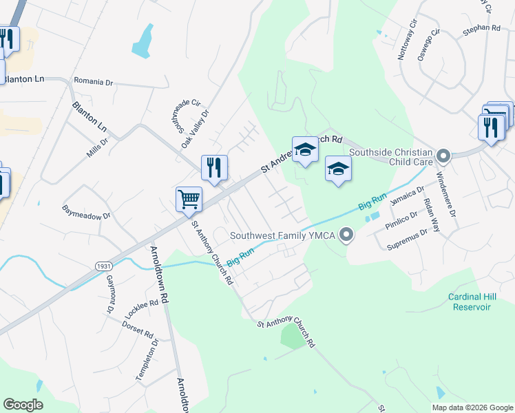 map of restaurants, bars, coffee shops, grocery stores, and more near 7753 Brookview Drive in Louisville