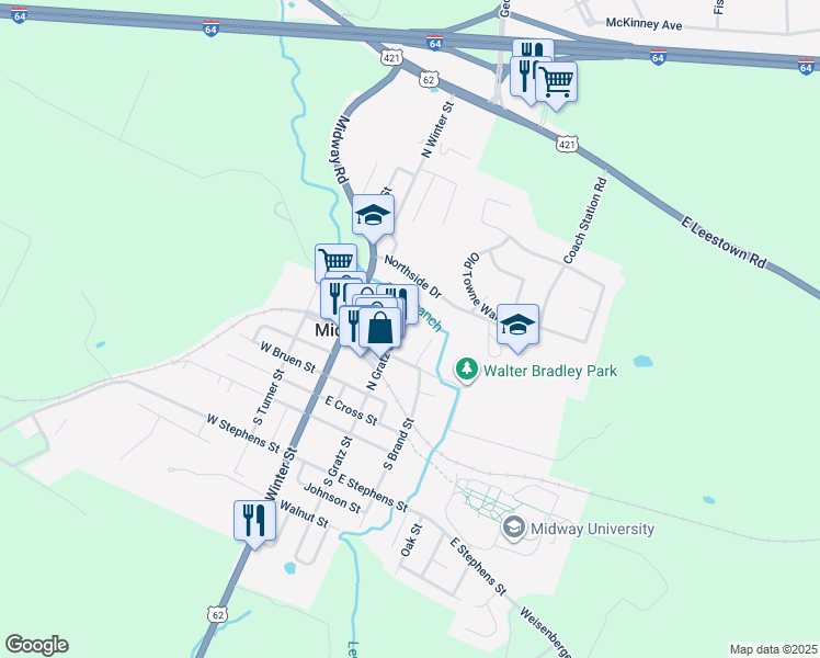 map of restaurants, bars, coffee shops, grocery stores, and more near 220 North Gratz Street in Midway