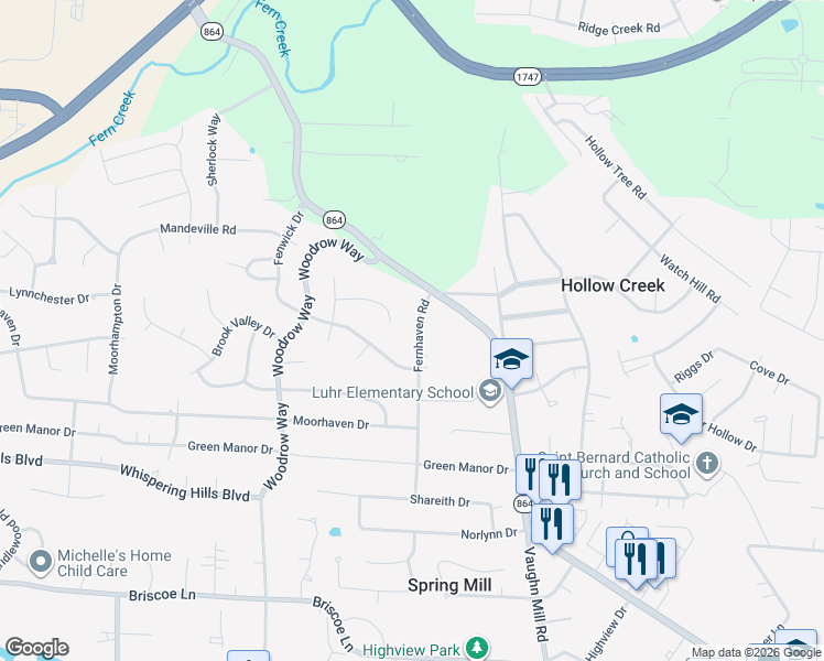 map of restaurants, bars, coffee shops, grocery stores, and more near 6712 Fernhaven Road in Louisville
