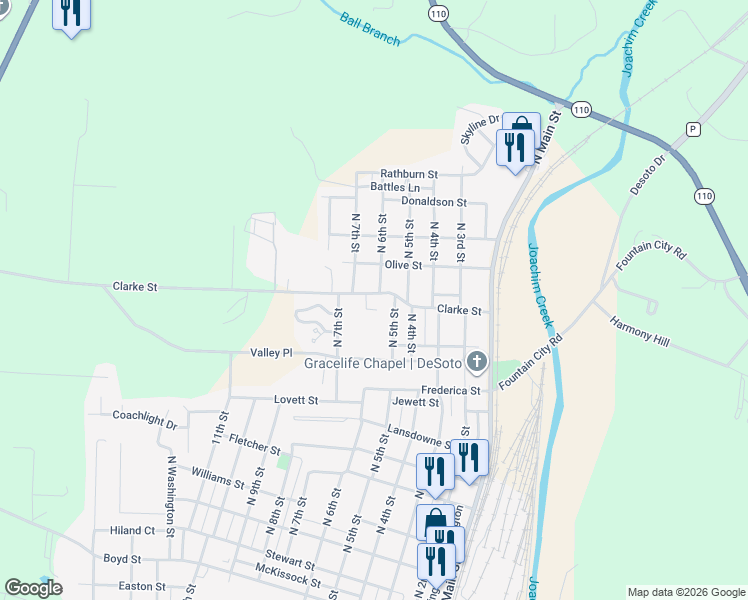 map of restaurants, bars, coffee shops, grocery stores, and more near 506 Clarke Pointe Place in De Soto
