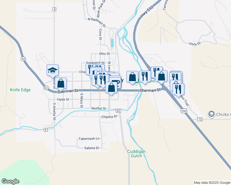 map of restaurants, bars, coffee shops, grocery stores, and more near in Ridgway