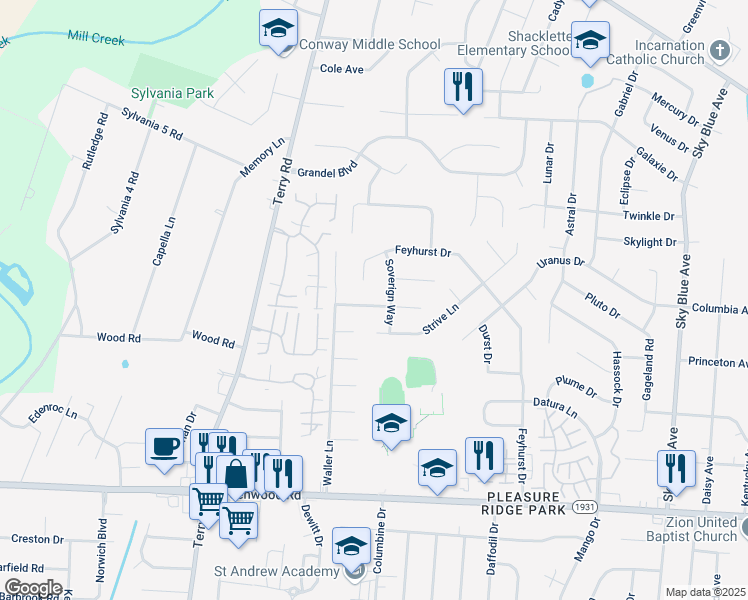 map of restaurants, bars, coffee shops, grocery stores, and more near 6105 Titanic Way in Louisville