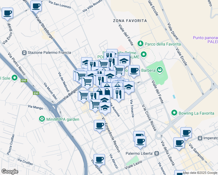 map of restaurants, bars, coffee shops, grocery stores, and more near 2 Via Sacra Famiglia in Palermo