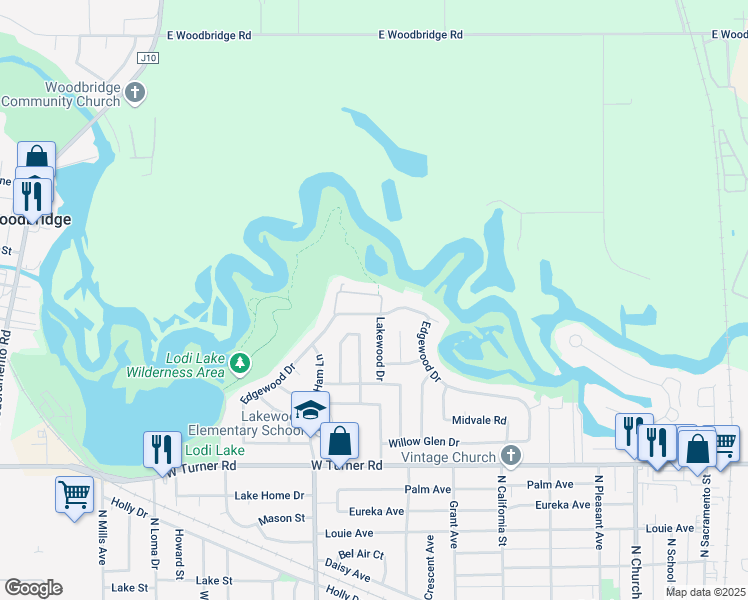 map of restaurants, bars, coffee shops, grocery stores, and more near 1660 Edgewood Drive in Lodi