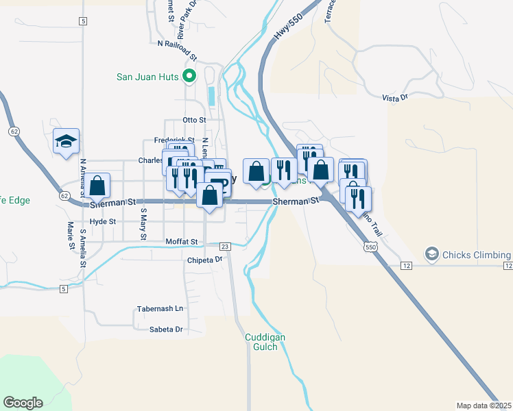 map of restaurants, bars, coffee shops, grocery stores, and more near 101 Campbell Lane in Ridgway