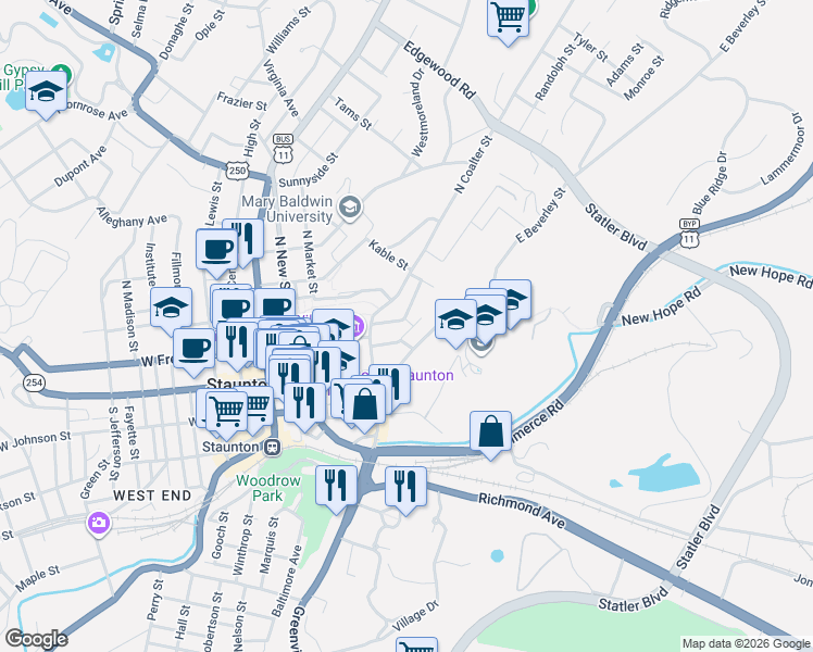 map of restaurants, bars, coffee shops, grocery stores, and more near 414-422 E Beverley St in Staunton