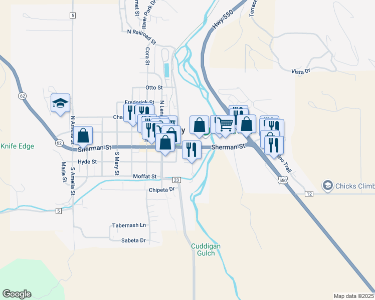 map of restaurants, bars, coffee shops, grocery stores, and more near 119 Liddell Drive in Ridgway