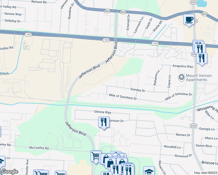 map of restaurants, bars, coffee shops, grocery stores, and more near 4610 Sunday Drive in Louisville