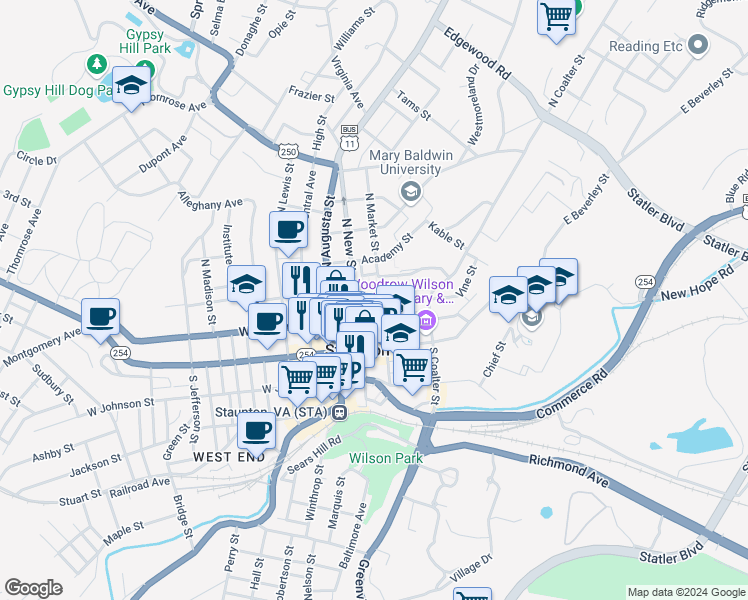 map of restaurants, bars, coffee shops, grocery stores, and more near 115 East Frederick Street in Staunton
