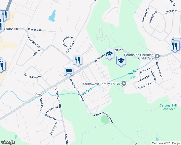 map of restaurants, bars, coffee shops, grocery stores, and more near 7745 Brookview Drive in Louisville