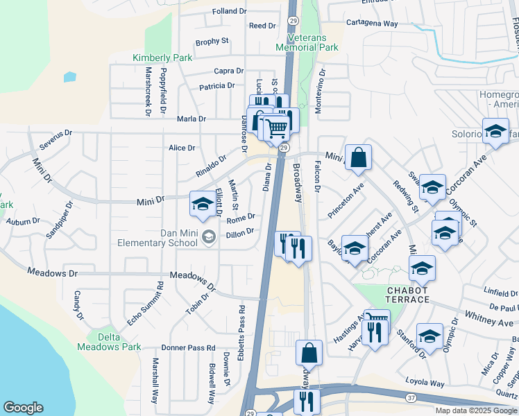 map of restaurants, bars, coffee shops, grocery stores, and more near 400 Diana Drive in Vallejo