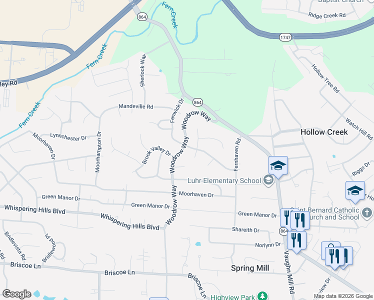 map of restaurants, bars, coffee shops, grocery stores, and more near 6703 Woodrow Way in Louisville